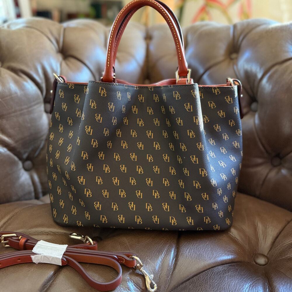 Dooney & Bourke Gretta Brenna Satchel Brown T-Moro DB Monogram Crossbody Tote - Picture 3 of 15